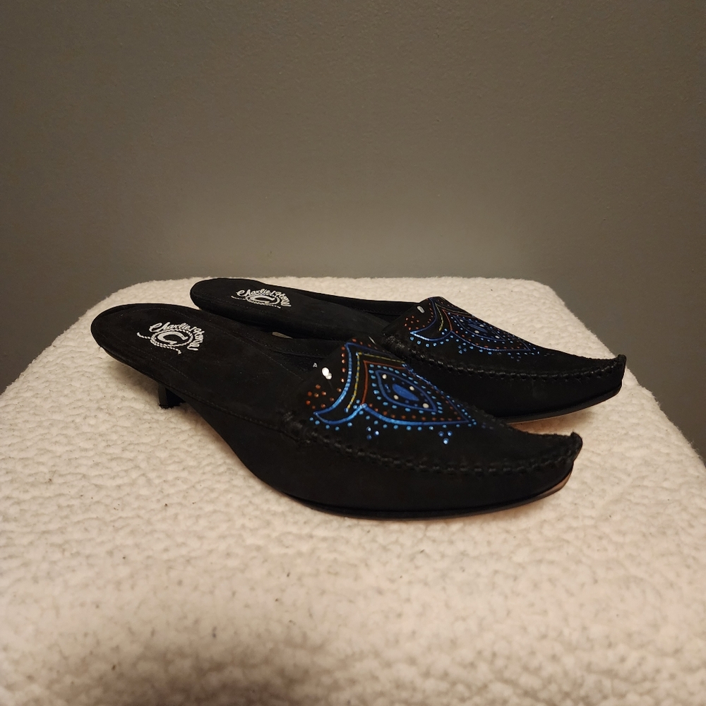 Charlie Horse kitten heeled mules black painted suede size 6